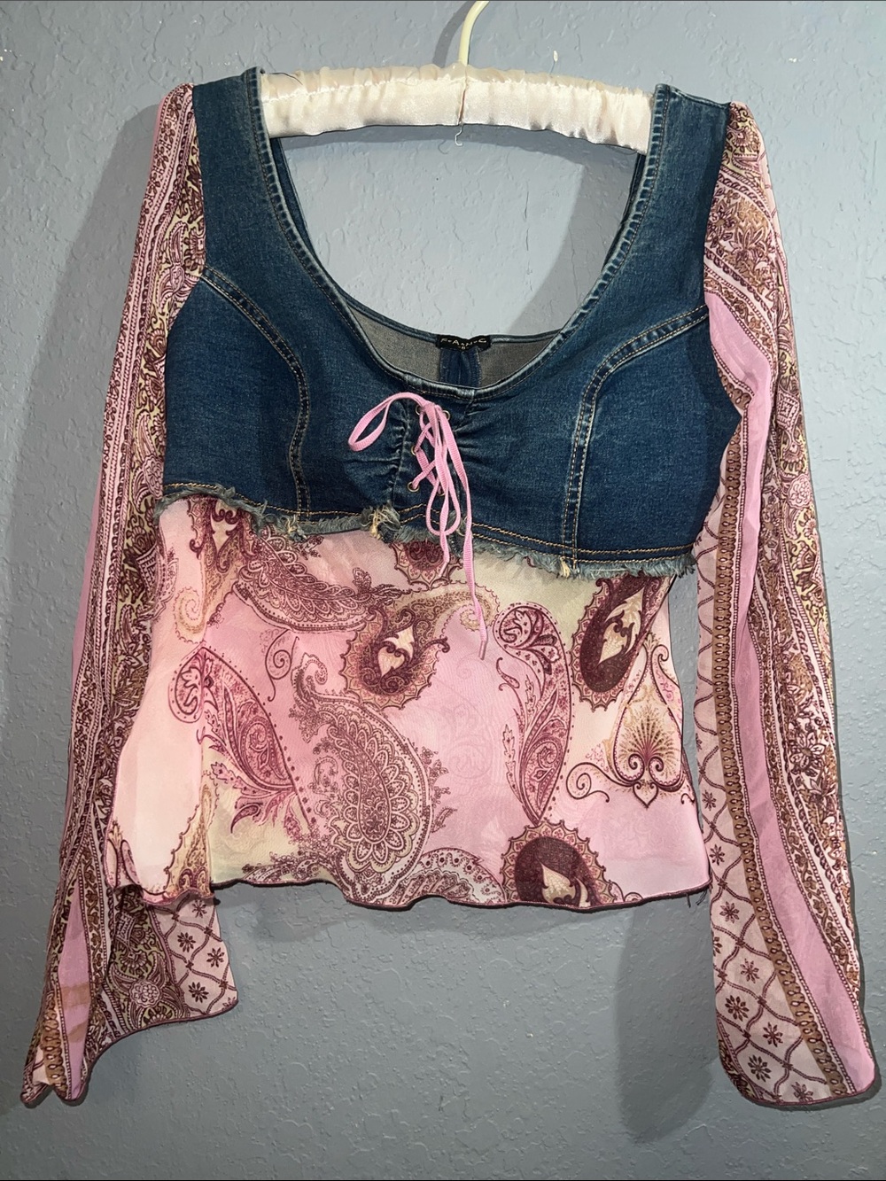 FANG Denim Bustier Overlaid Pink Paisley Long Sleeve Top